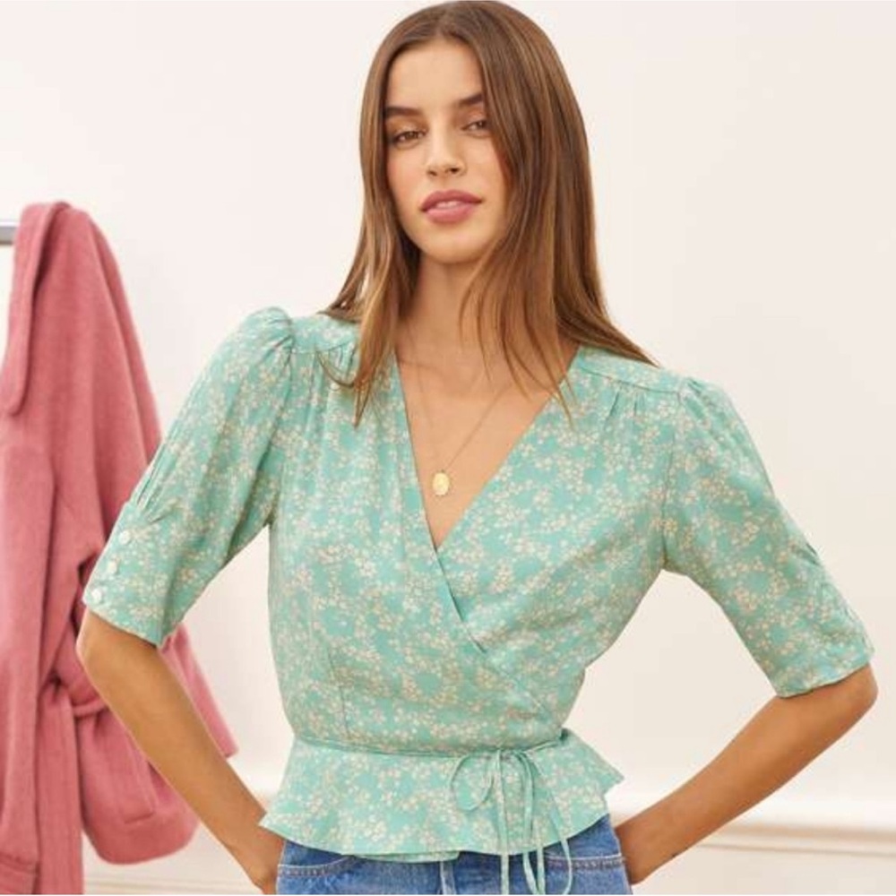 Rouje Light Blue Floral Wrap Blouse